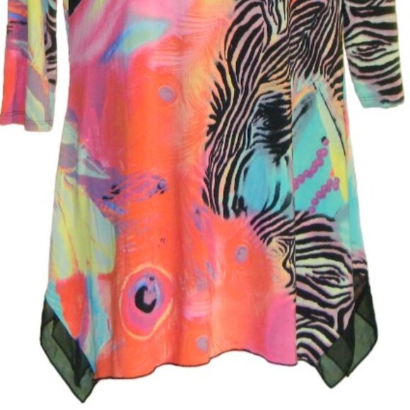 2 for/$25 ADX Bright Neon Zebra Galaxy Print Sharkbit Flutter Hem Tunic Size M - Picture 4 of 9
